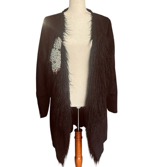 Simon Chang Black Faux Fur Coat Rhinestone Glove Embellishment Faux Fur Size 10 - Picture 1 of 11